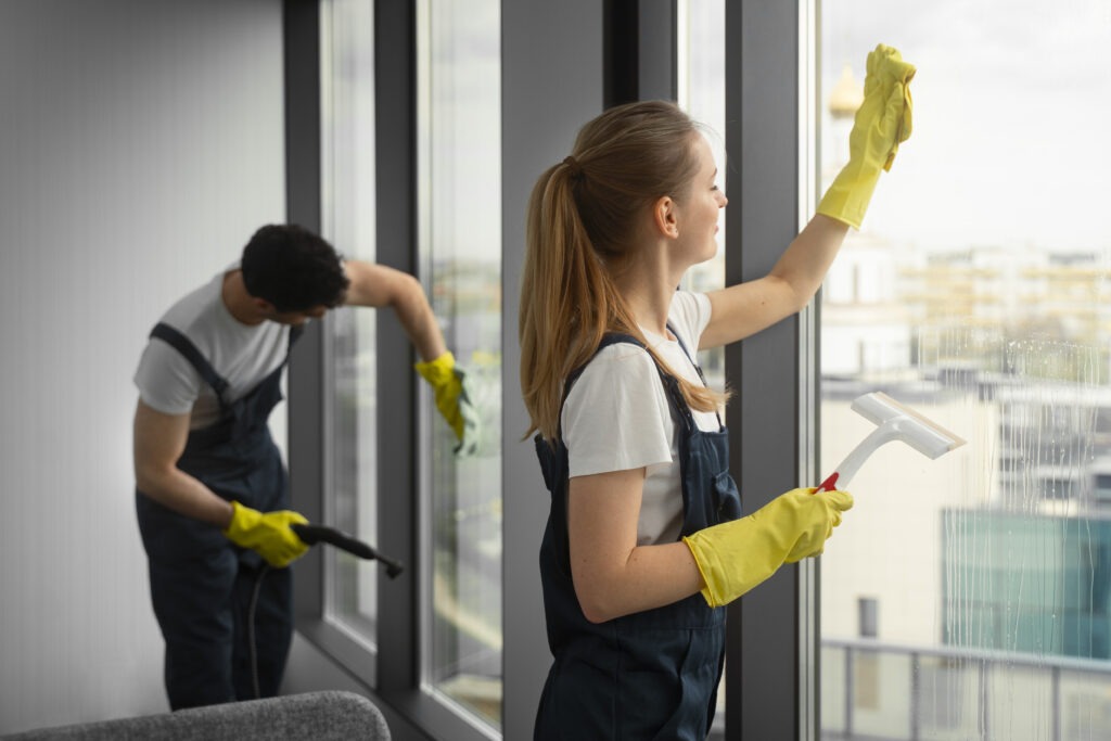 Hausbetreuung: Eine Frau und ein Mann reinigen die Fenster eines Bürogebäudes